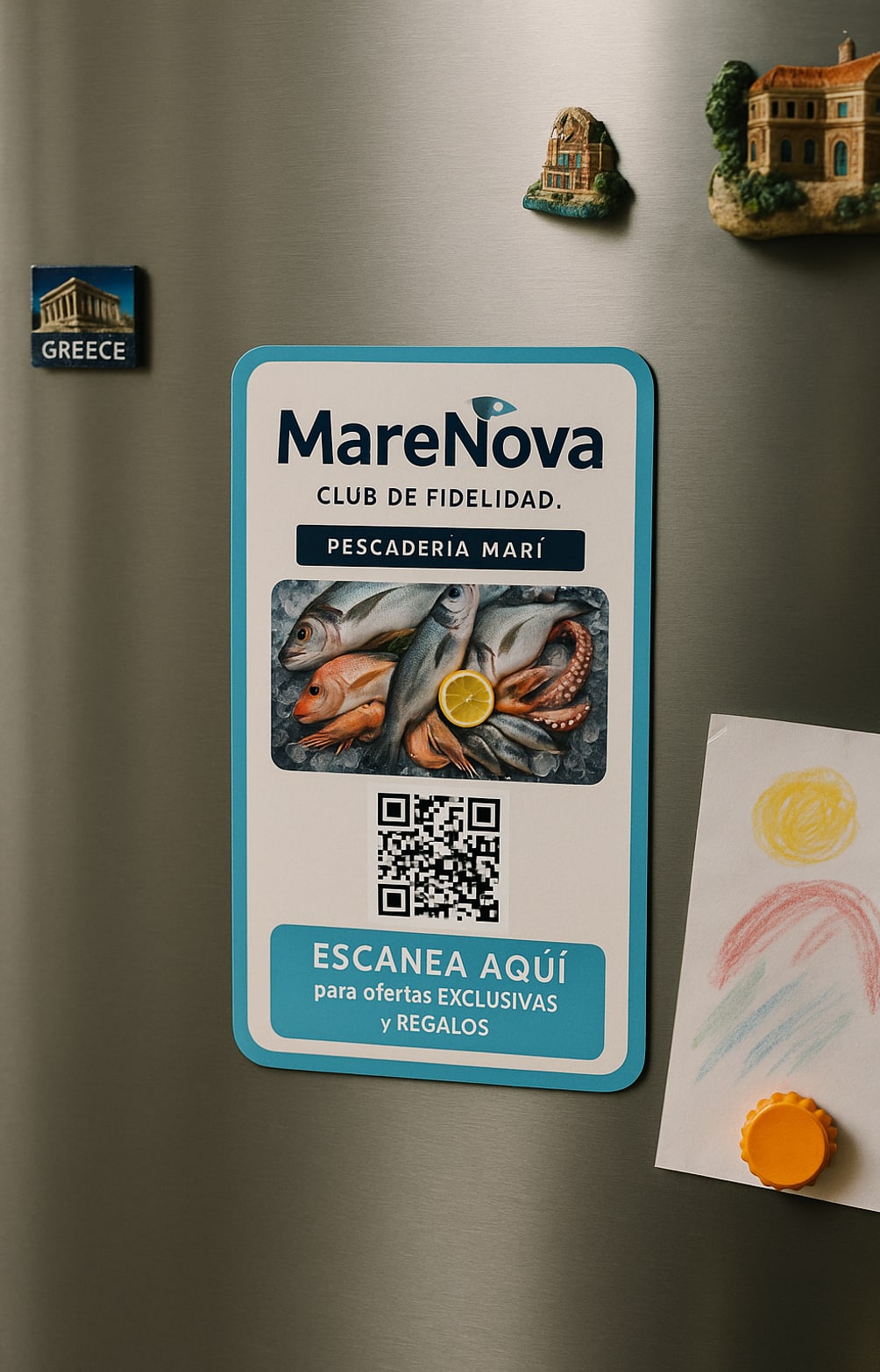 Imán MareNova en la nevera — Club de fidelidad de Pescadería Marí
